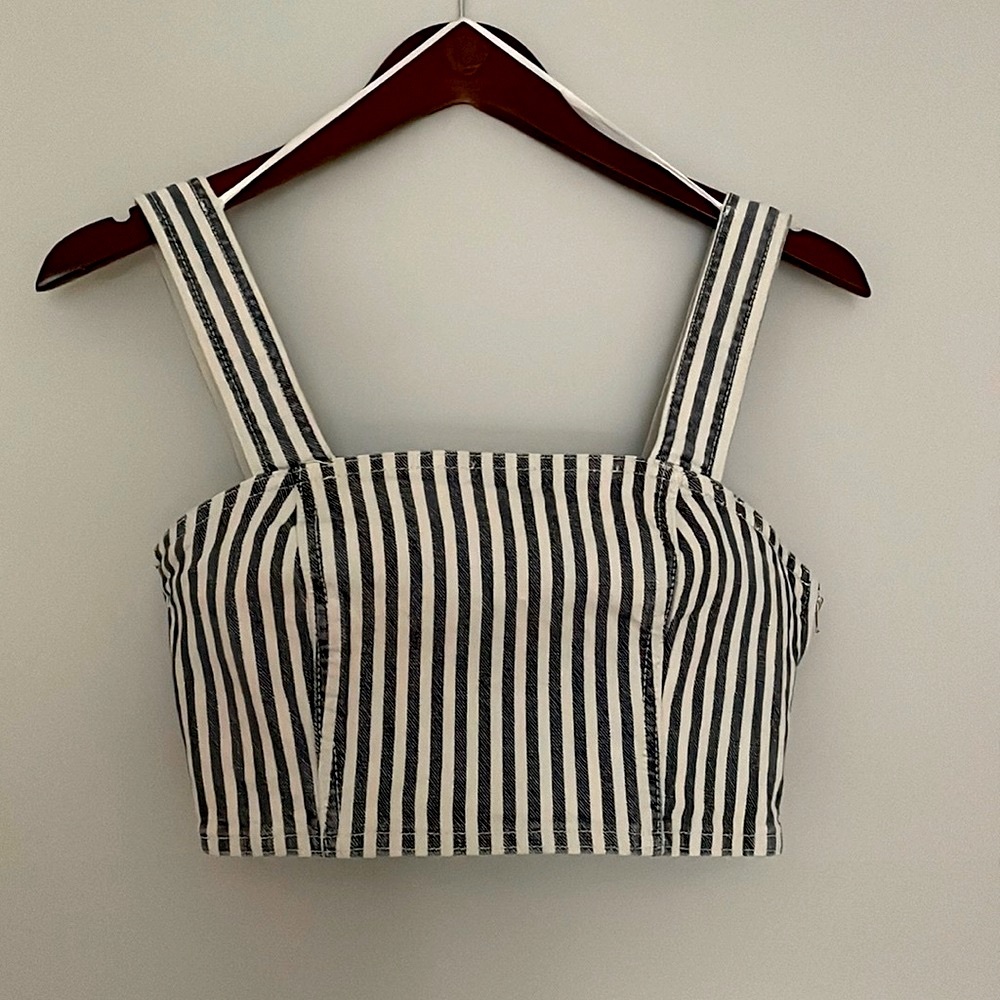 NWT Zara Striped Denim Crop Top Size S Metal Zipper
